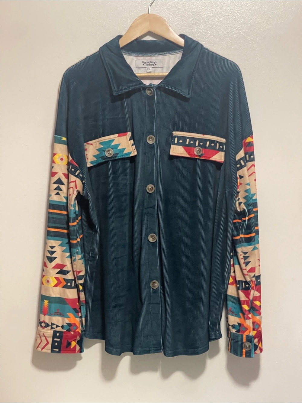 Rowdy Crowd clothing Teal Button-Up Shirt Jacket with Aztec Print Sleeves